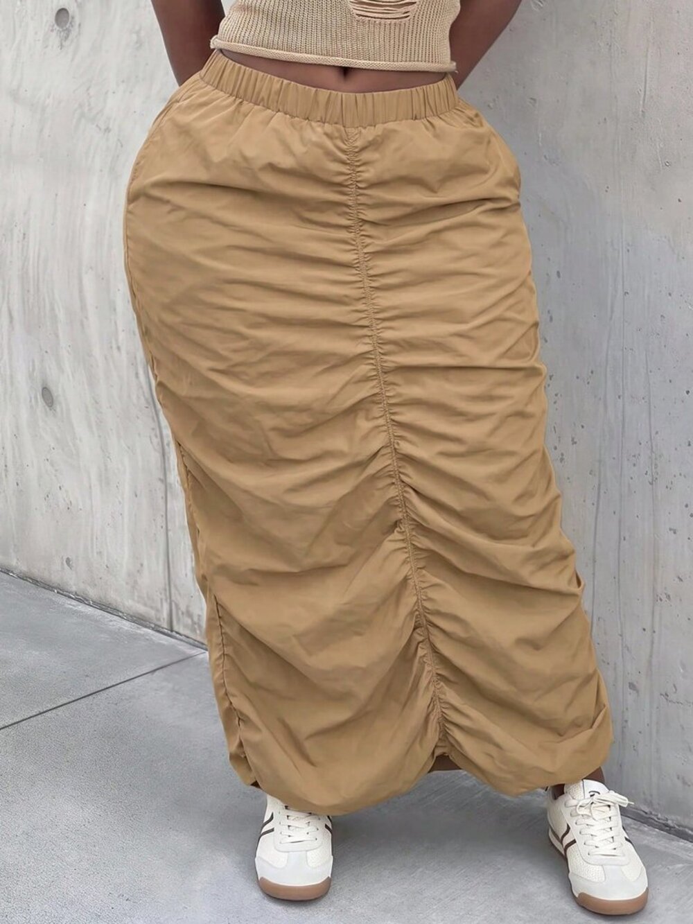 Khaki Casual Women's Plus Size Regular Fit Ruched High-Waist Long Maxi Skirt - Picture 2 of 10
